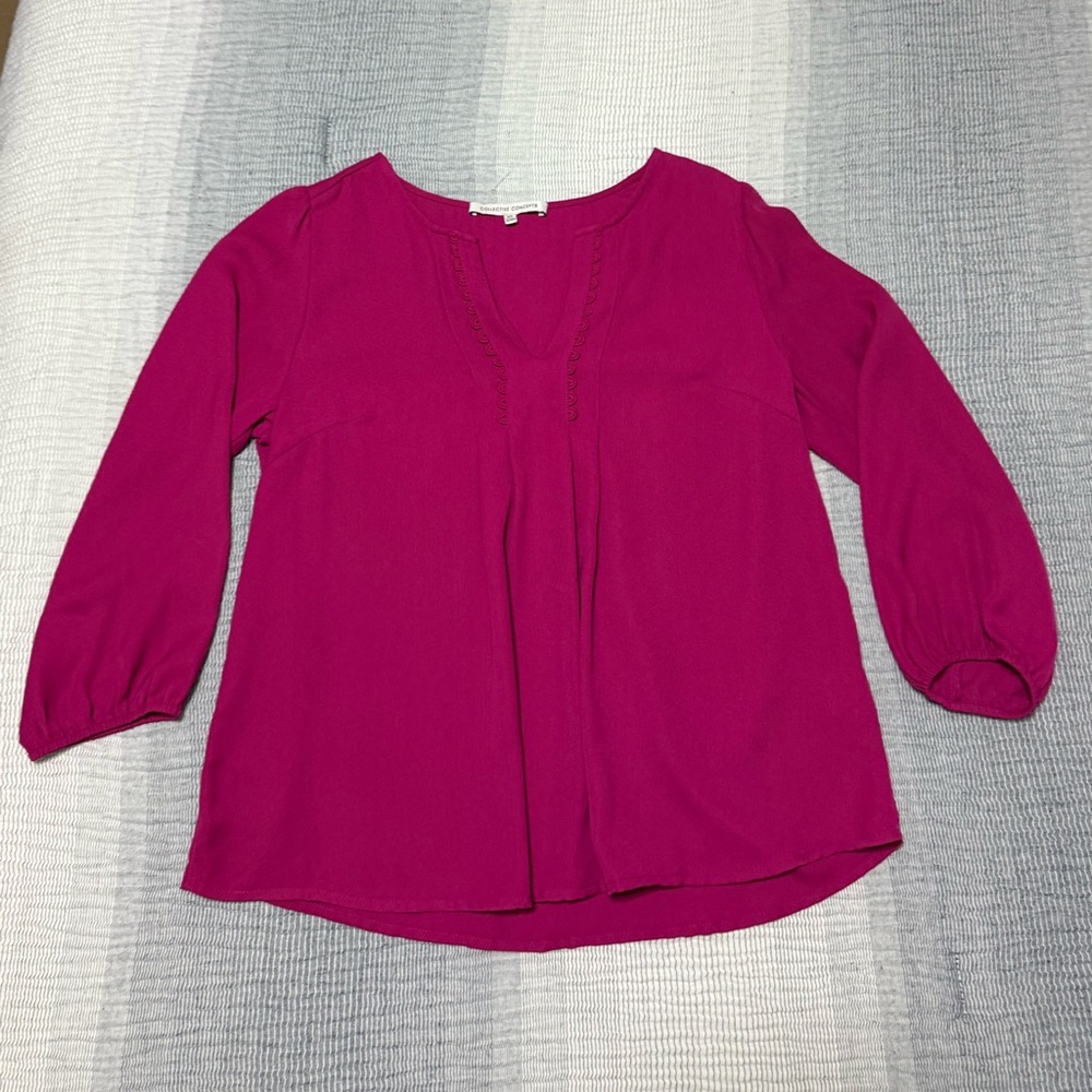 Collective Concept Blouse Women's XS Pink Fuchsia Tunic V-neck Officecore Barbie
